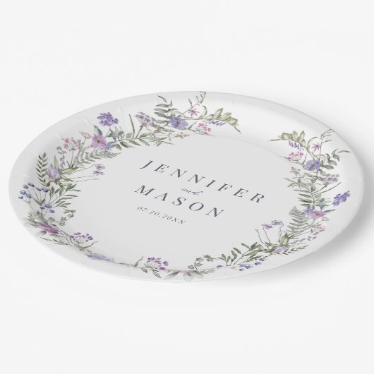 Paarse lavendel bloemenrustieke bruiloft papier bo papieren bordje (Gekanteld)