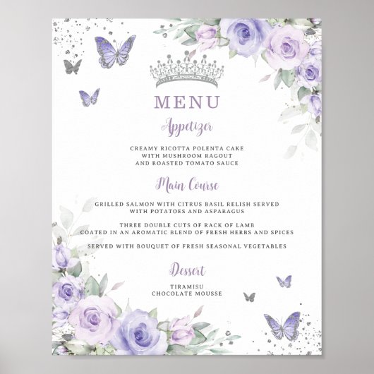 Paarse Lavendel Bloemenvlinder Quinceañera Menu Poster (Voorkant)