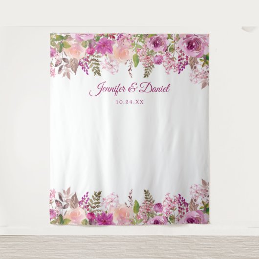 Paarse lavendel bloemige trouwfoto achtergrond wandkleed (Voorkant)