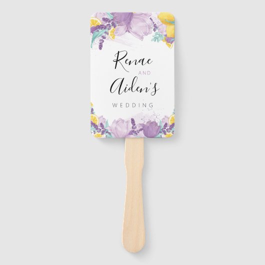 Paarse, lavendel en citroen programma hand fan handwaaier (Voorkant)