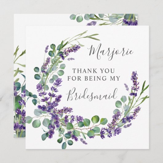 Paarse lavendel eucalyptus bruidsmeisje dank u bedankkaart (Voorkant / Achterkant)