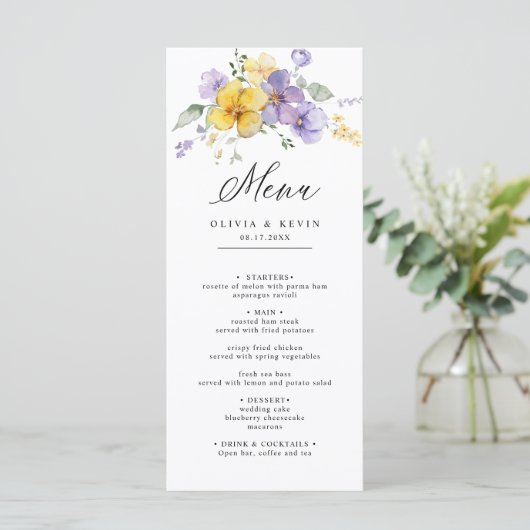 Paarse Lavendel Gele Waterverf Bloemen Bruiloft Menu (Staand voorkant)