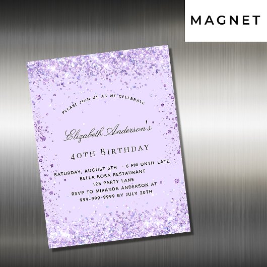 Paarse lavendel glitters uitnodiging magneet verja