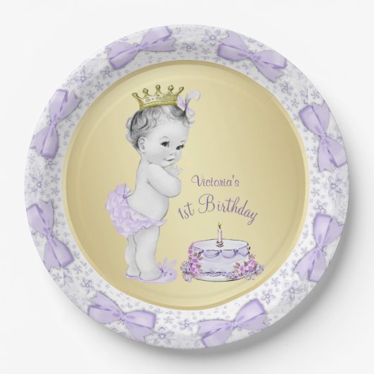 Paarse Lavendel Gouden Prinses 1e Verjaardagsfeest Papieren Bordje (Voorkant)