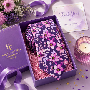 Paarse lavendel halsdoek met bloemenprint stropdas