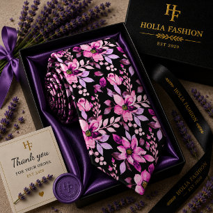 Paarse lavendel halsdoek met bloemenprint stropdas
