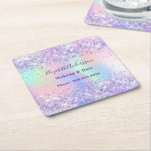 Paarse lavendel holografische naam bedrijf vierkante kartonnen onderzetter