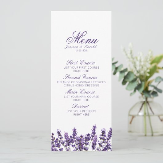 Paarse Lavendel Lila Bloem Bruiloft Menu (Staand voorkant)