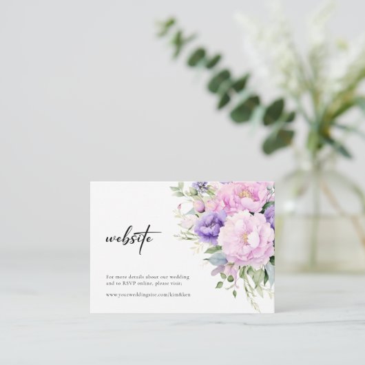 Paarse Lavendel Lila Bloemen RSVP Website Bruiloft Informatiekaartje (Staand voorkant)