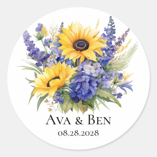 Paarse Lavendel met Zonnebloemen Bruiloft Ronde Sticker (Voorkant)