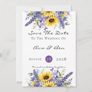 Paarse Lavendel met Zonnebloemen Save The Date Kaa Kaart