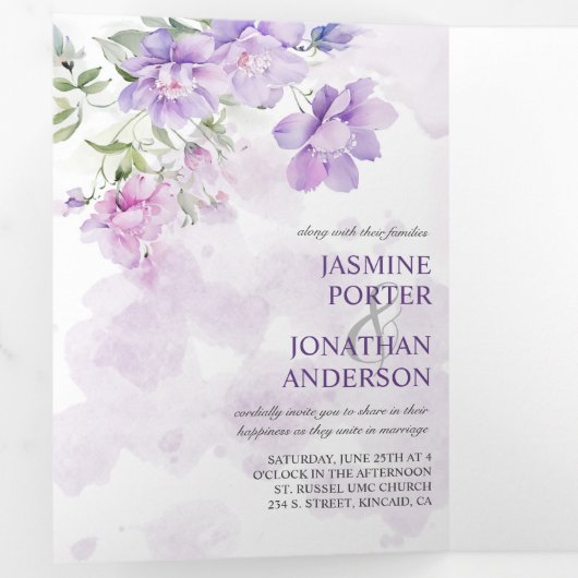 Paarse Lavendel pioenroos Bloemen Drievoudige brui Drieluik Uitnodiging (Binnenzijde eerst)