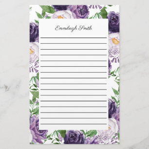 Paarse lavendel pioenrozen bloemrijke gelinieerde briefpapier