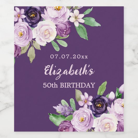 Paarse lavendel roze bloemen verjaardag wijn etiket (Enkel label)