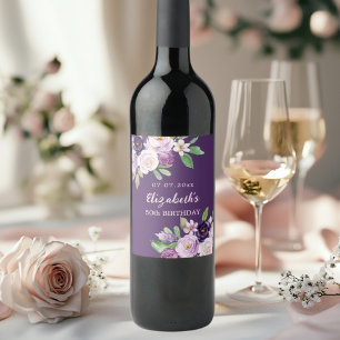 Paarse lavendel roze bloemen verjaardag wijn etiket