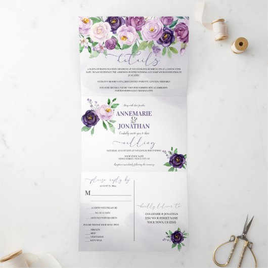 Paarse Lavendel Rozen *DIY* Kleurveranderingsscrip Drieluik Uitnodiging (Binnen)