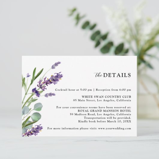 Paarse Lavendel Rustieke Bloemen Trouwdetails Informatiekaartje (Staand voorkant)