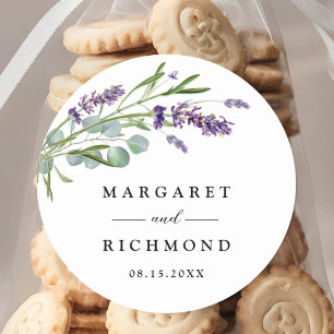 Paarse Lavendel Rustieke Waterverf Bloemen Huwelij Ronde Sticker