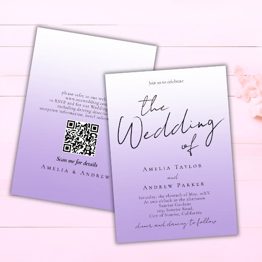 Paarse Lavendel Script Elegante QR Code Bruiloft Kaart