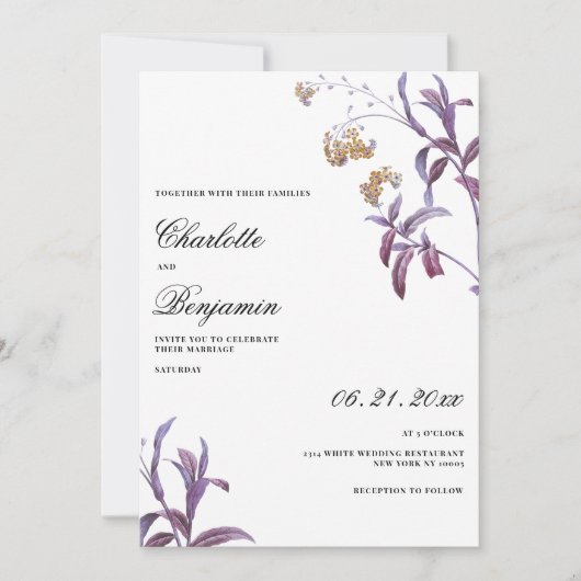 paarse lavendel sinaasappels blad bloemenbruiloft kaart (Voorkant)