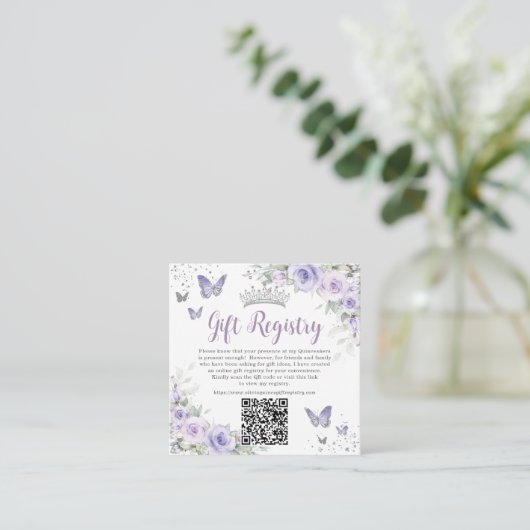 Paarse Lavendel Vlinders Quinceanera QR Gift Informatiekaartje (Staand voorkant)