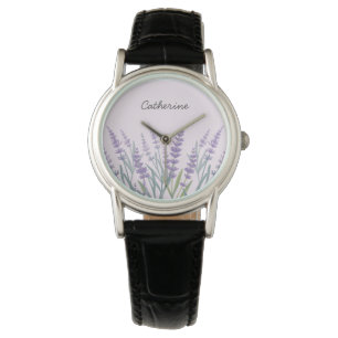 Paarse Lavendel Waterverf Bloemig Horloge