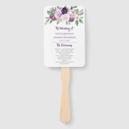 Paarse & Lavendel Waterverf Rozen Bruiloft Handwaaier (Voorkant)