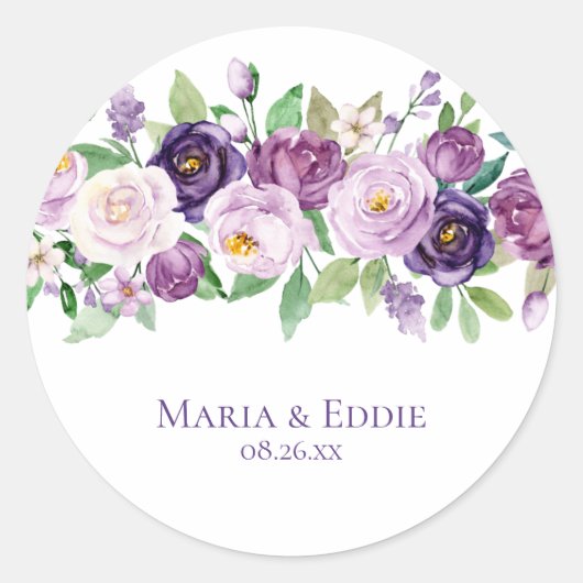 Paarse & Lavendel Waterverf Rozen Bruiloft Ronde Sticker (Voorkant)