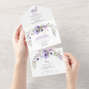 Paarse Lavendel & Witte Anemonen Bloemen All In One Uitnodiging