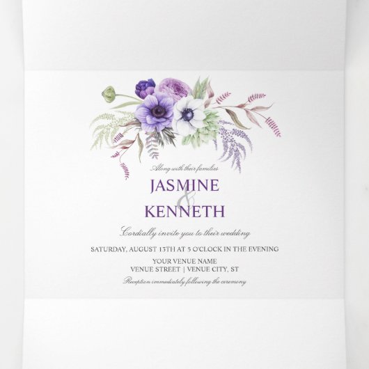 Paarse Lavendel Witte Waterverf Bloemen Lijst | Drieluik Uitnodiging (Binnenkant midden)