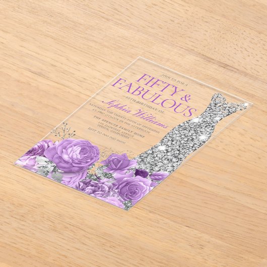 Paarse Lavendel & Zilver 50ste Verjaardagsfeestje Acryl Uitnodigingen (Laagn)