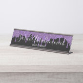 Paarse Lavendel & Zwart Glitter Drips Desk Sign Bureau Naambordje (Voorkant)