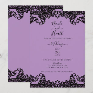 Paarse Lavendel & Zwarte Kant Elegante Bruiloft Kaart