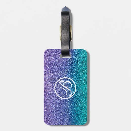 Paarse lavender en Blauwgroen Aqua Green Sparkly G Bagagelabel (Achterkant verticaal)