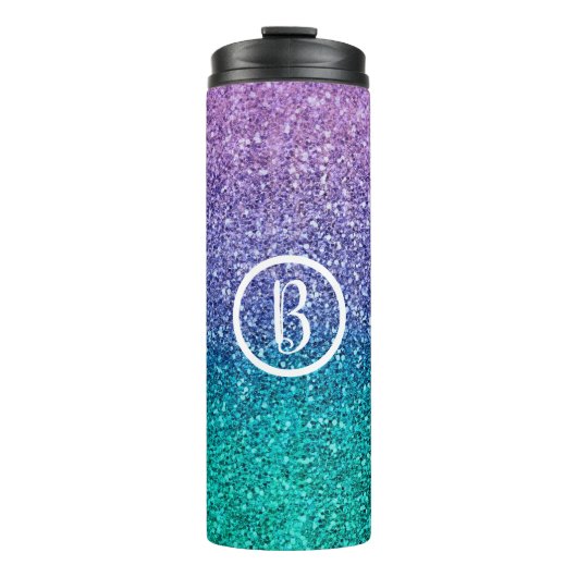 Paarse lavender en Blauwgroen Aqua Green Sparkly G Thermosbeker (Voorkant)
