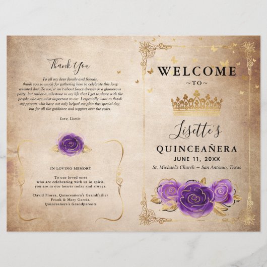 Paarse lavender en Gold Rozen Quinceanera-programm (Voorkant)