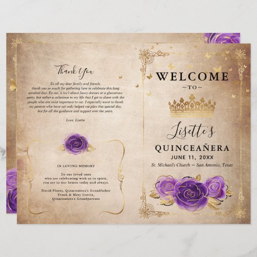 Paarse lavender en Gold Rozen Quinceanera-programm (Voorkant / Achterkant)
