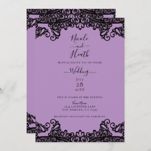 Paarse lavender en zwarte kant Elegant Wedding Kaart