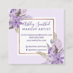 Paarse lavender florale waterverf roos goudmake-up vierkante visitekaartje