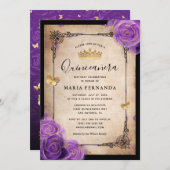 Paarse lavender Roos Gold Waterverf Quinceanera Kaart (Voorkant / Achterkant)