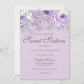 Paarse lavender Silver Flowers Sweet 16 Invite Kaart (Voorkant)