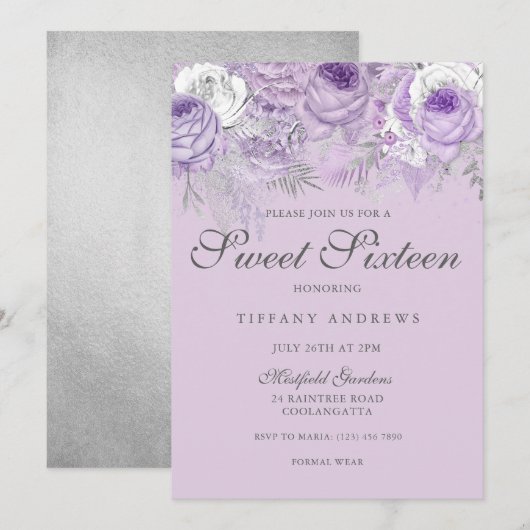 Paarse lavender Silver Flowers Sweet 16 Invite Kaart (Voorkant / Achterkant)