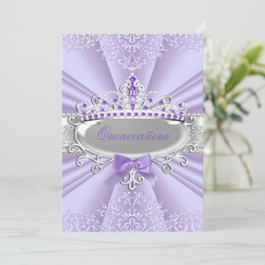 Paarse Lavender Tiara Damask Quinceanera Partij Kaart (Staand voorkant)
