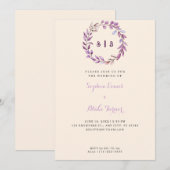 Paarse lederen monogrammed Wreath Yellow Wedding Kaart (Voorkant / Achterkant)