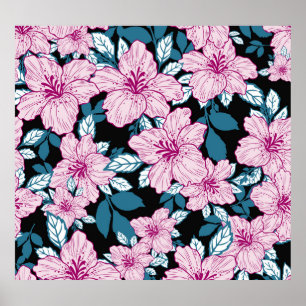 Paarse lelie, blauwe bladachtergrond. poster