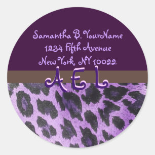 Paarse Leopard Fur Monogram Adresetiketten Ronde Sticker
