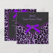 Paarse Leopard Sweet 16 Party Kaart (Voorkant / Achterkant)