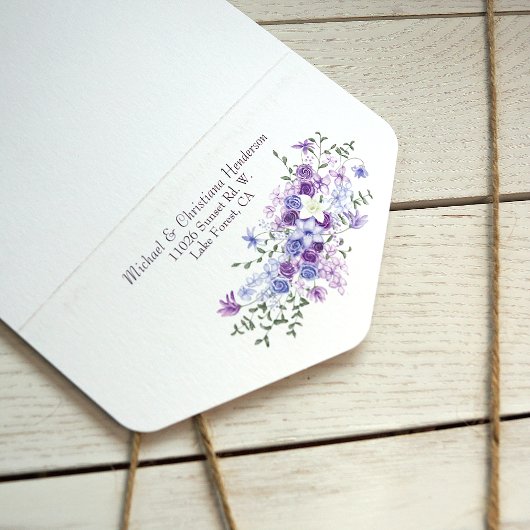 Paarse, lichtblauwe Roos Tuin Boeket bruiloft All In One Uitnodiging