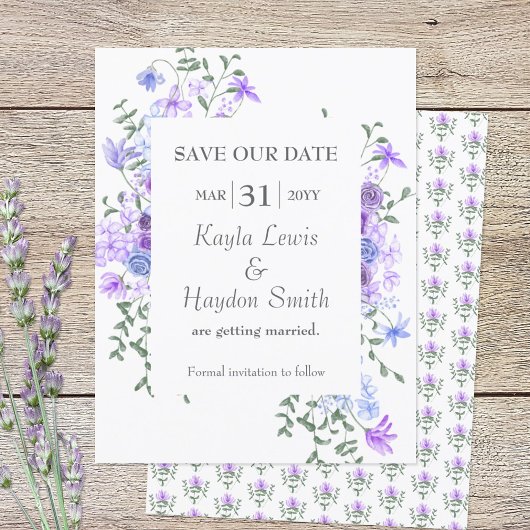 Paarse & Lichtblauwe Rozen bruiloft Save the Date Kaart