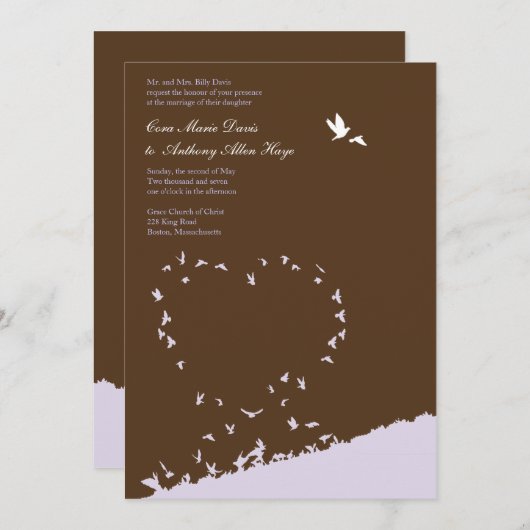 Paarse liefdevogel bruiloft uitnodiging (Voorkant / Achterkant)